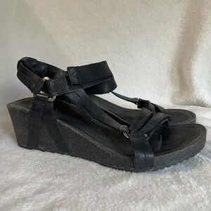 Womens 7.5 M Teva Ysidro Universal Wedge Sandals Black Leather Slingback Strappy